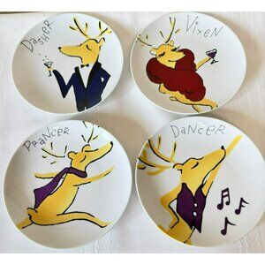 Pottery Barn Plates 7" Reindeer Appetizer Dasher Dancer Prancer Vixen Set Of 4